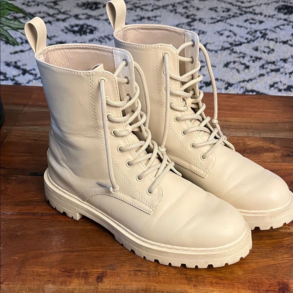 Cream Lace-Up Combat Boots